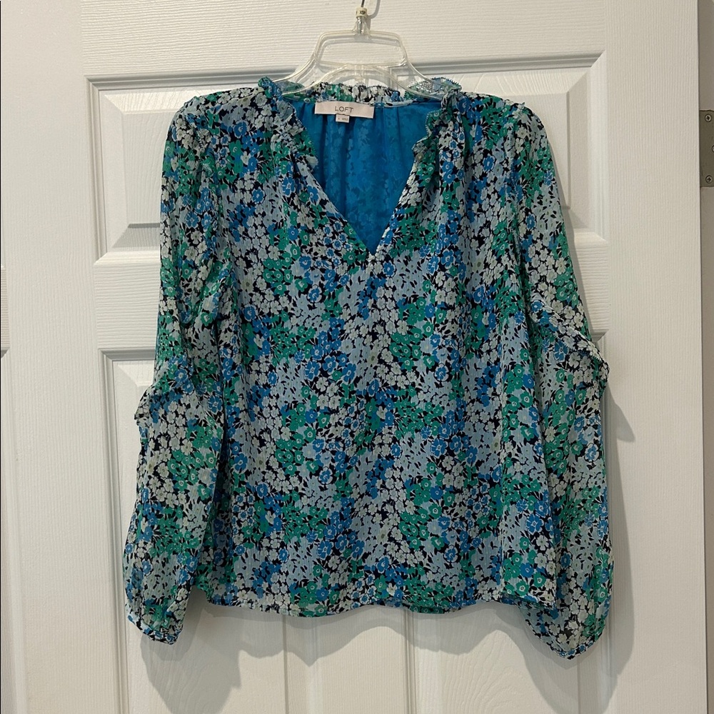 LOFT Blue & Green Floral Long Sleeve Blouse with Ruffle Trim